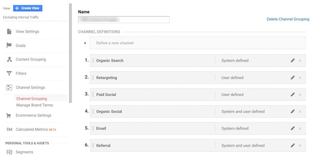 Screenshot showing a new set of channel grouping including existing and new definitions in Google Analytics
