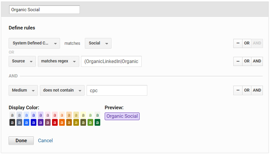 Screenshot showing system and user defined channel grouping setting in Google Analytics