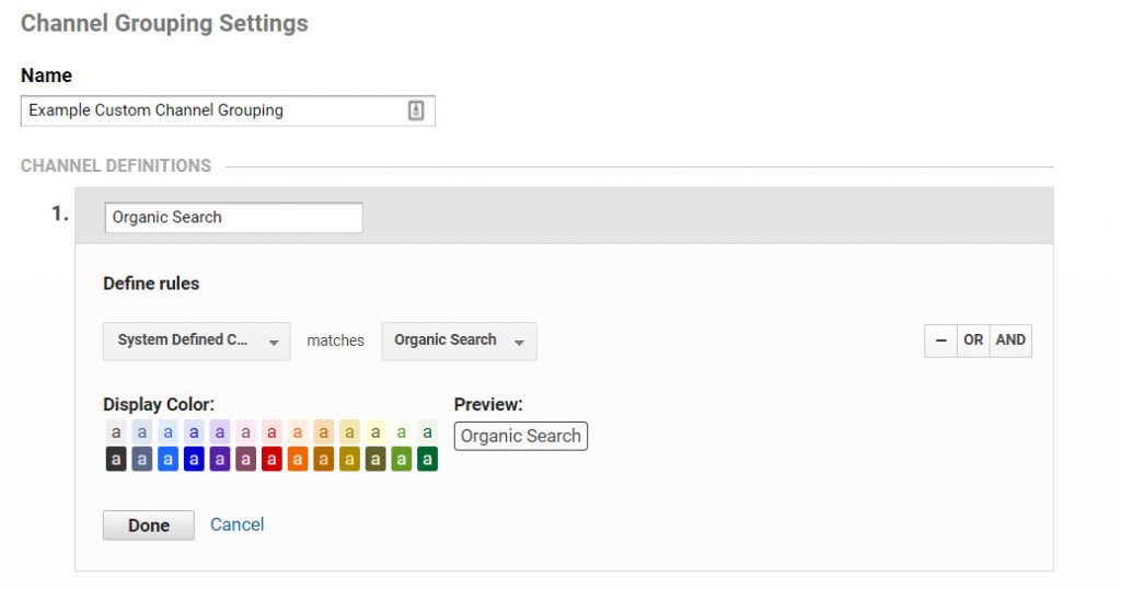 Screenshot showing system defined channel grouping setting in Google Analytics