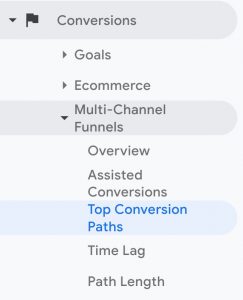 Screenshot showing where to locate the top conversion paths in Google Analytics