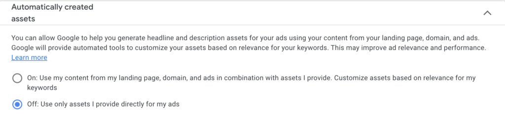 Google Ads Campaign Settings: Automatically created assets