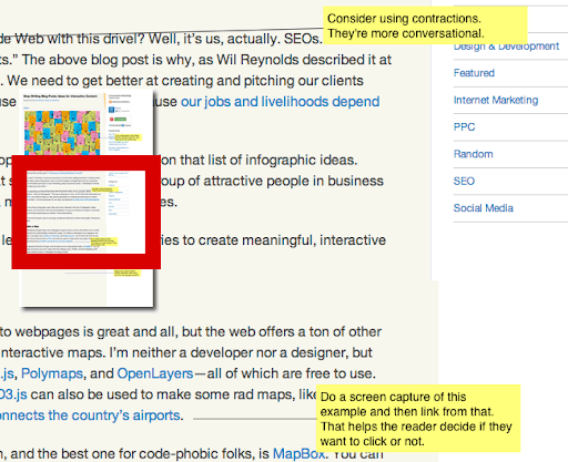 Example of marked-up screen captures showing good and bad edits, used to support your content strategy best practices