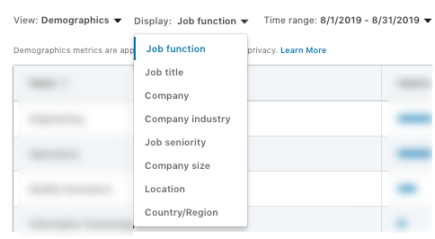 Screenshot showing LinkedIn's Demographics tool options