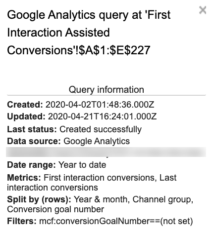 This screenshot shows the query set up with date range: YTD, metrics: First interaction conversions, last interaction conversions, Split by (rows): Year and Month, Channel group, Conversion goal number, and Filters: mcf:conversionGoalNumber==(not set).