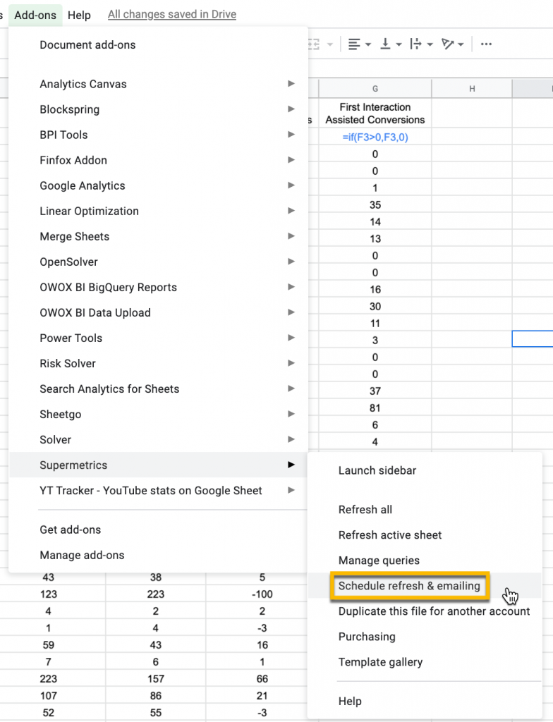 In Google Sheets, find Supermetrics in the Add-ons drop-down and select Schedule refresh & emailing.