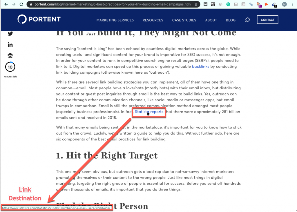 Screenshot of a Portent.com blog post, with the mouse hanging over a link and the link destination showing up in the bottom left-hand corner of the screen