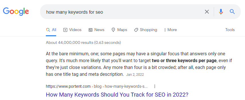 A screenshot of a featured snippet one of the updated blog posts got on Google for "how many keywords for seo".