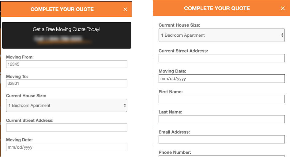 Side by side comparison of the form fill before and after the CRO recommendations were implemented