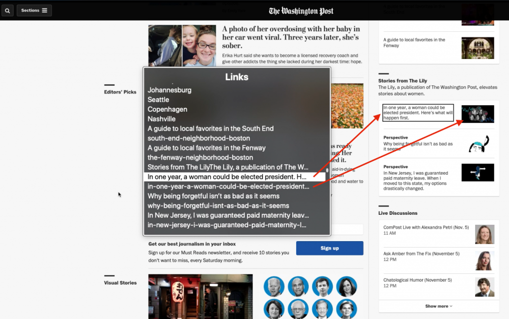 Screenshot of The Washington Post's landing page and arrows pointing to redundant links in both an article title and accompanying image